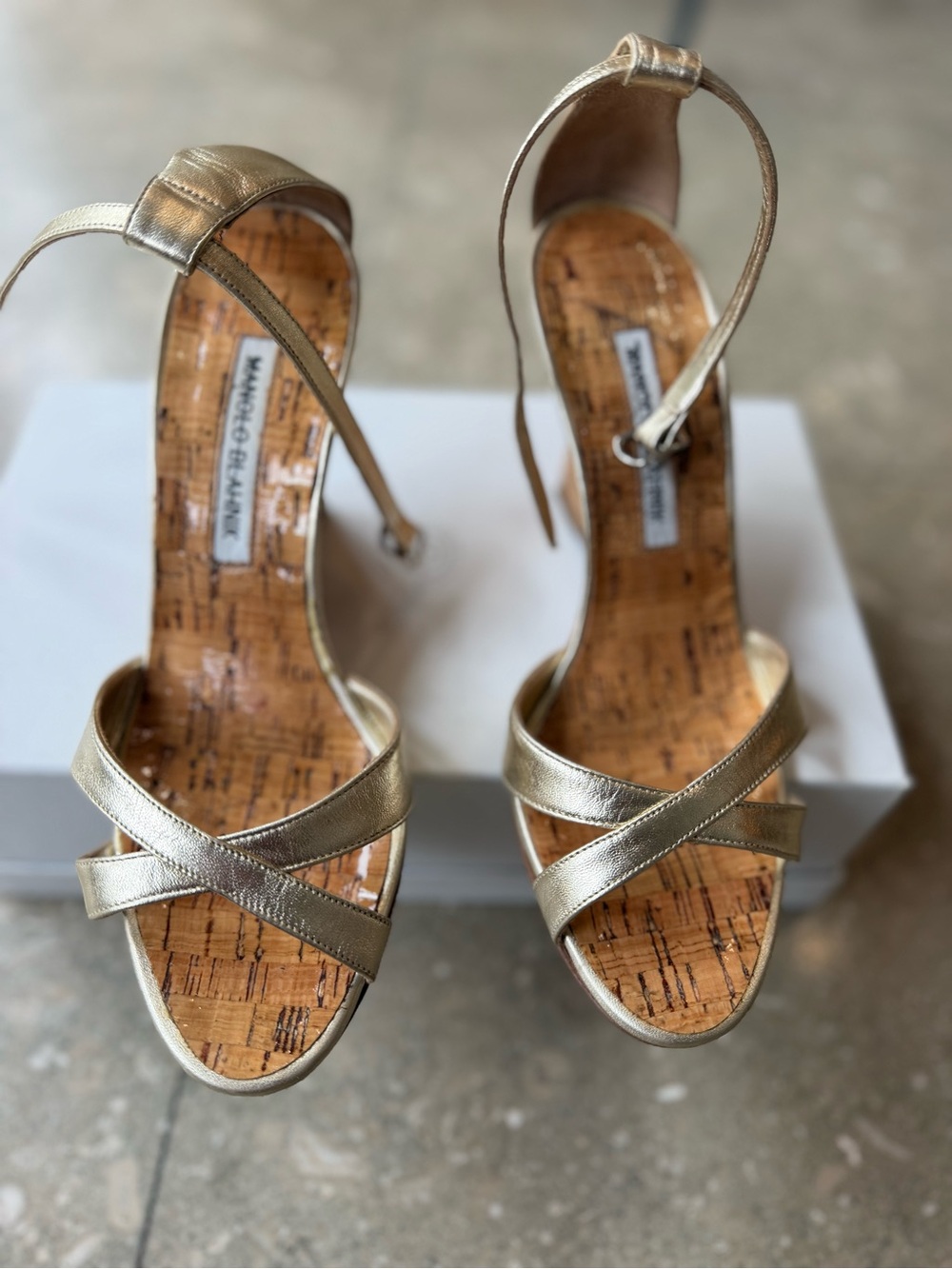 Manolo Blahnik Metallic Gold Cork-Insole High Heel Sandals